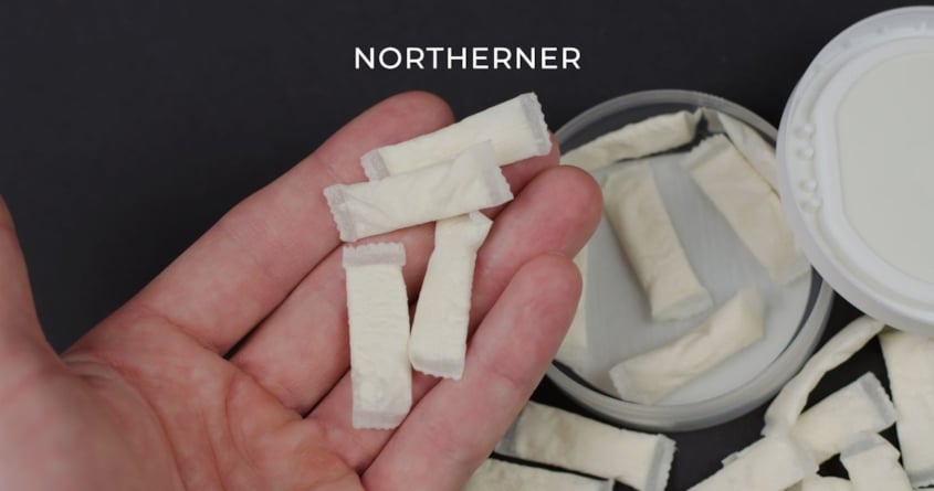 Eine Hand hält mehrere Beutel Snus vor einer Dose Snus