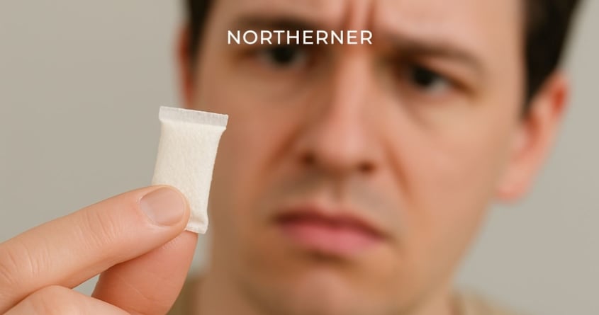 man looking confused at snus pouch