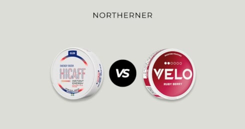 Hicaff Energy Rush Caffeine Pouch vs VELO Ruby Berry Nicotine Pouch on grey background