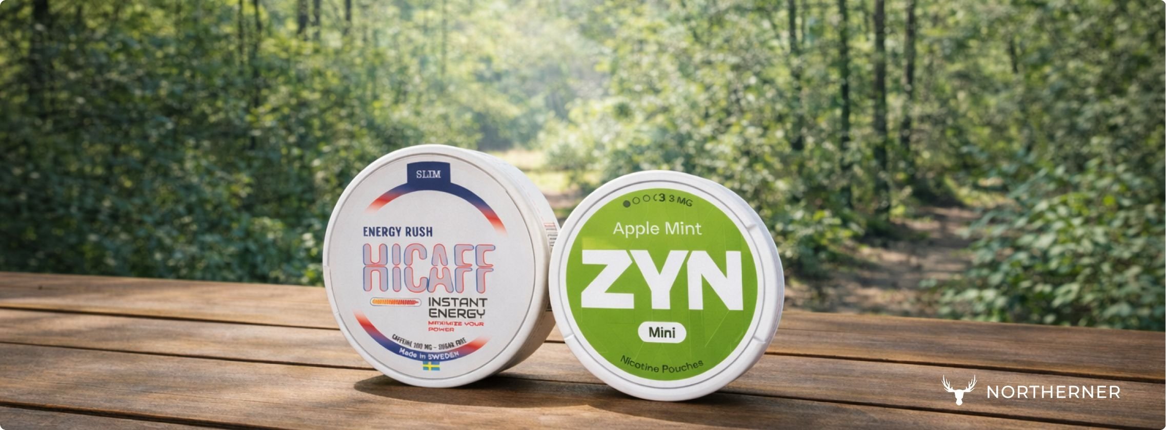 Hicaff caffeine pouch and ZYN nicotine pouch in nature setting