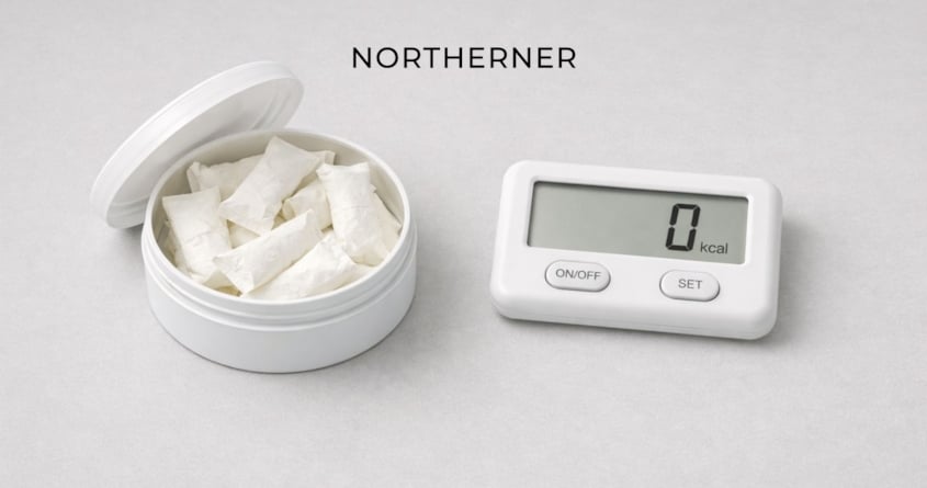 Nicotine pouch can next to calorie counter, which shows 0 kcal
