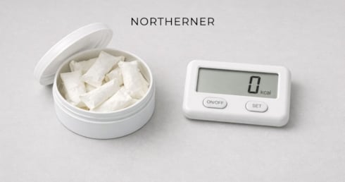 Nicotine pouch can next to calorie counter, which shows 0 kcal