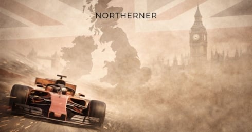 UK flag with F1 car in foreground, symbolising UK's second favourite sport