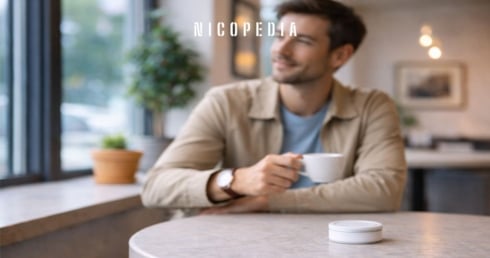 Man sitting at cafe with nicotine pouch can on the table, indicating etiquette in social settings