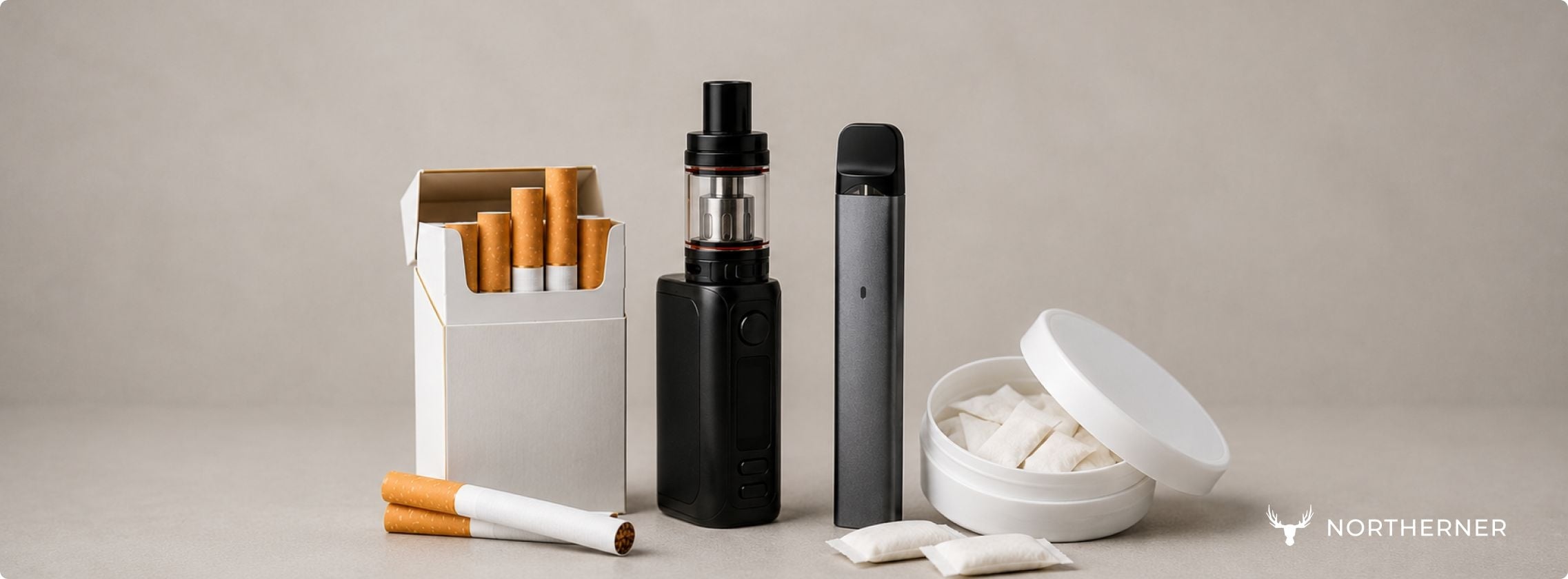 cigarettes, vapes, and nicotine pouches against a neutral background