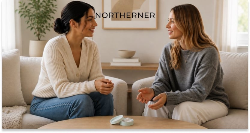 two women sitting and talking, with a nicotine pouch can on the table