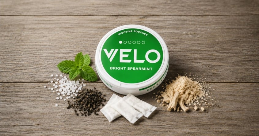 velo bright spearmint can with nicotine pouch ingredients surrounding it