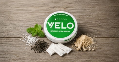 velo bright spearmint can with nicotine pouch ingredients surrounding it