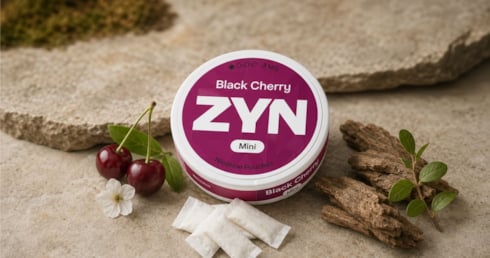 ZYN black cherry mini against sandy backdrop and nicotine pouch ingredients