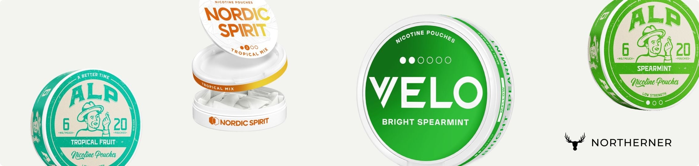 banner with alp, velo, and nordic spirit nicotine pouch cans