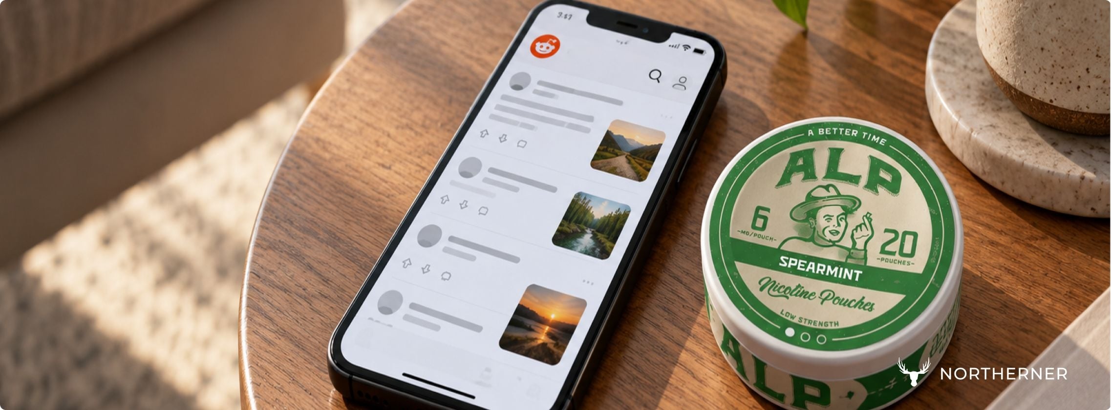 phone with reddit app open on table with ALP nicotine pouch can